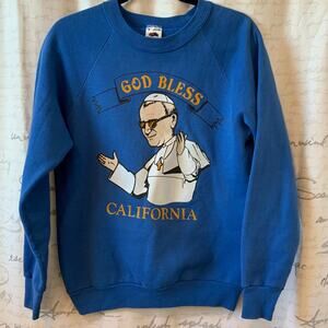 Vintage Fruit of the Loom Blue Sweatshirt Pope Bless California Novelty M